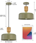 Dope Green Contemporary Pendant Light With Wood And Brass Accents Adjustable Hanging Lamp, 12 Inch Shade, shown with dimensions