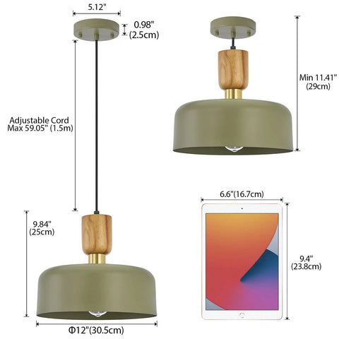 Dope Green Contemporary Pendant Light With Wood And Brass Accents Adjustable Hanging Lamp, 12 Inch Shade, shown with dimensions