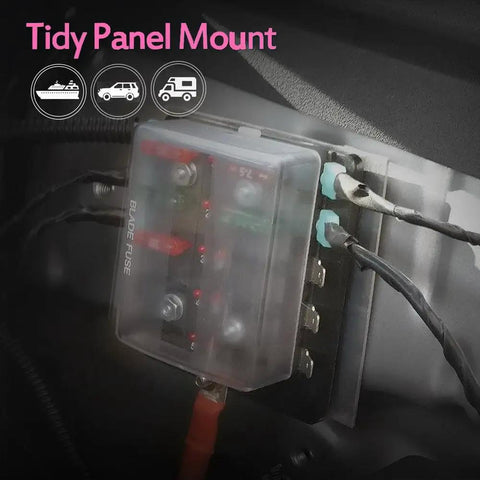 10 Way RV Blade Fuse Block With Bright LED Indicator DC Junction Box Supplying 100 Amp mounted in dashboard with tidy wiring.