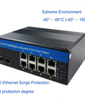 Industrial Switch 8-Port Gigabit Ethernet With PoE 240W Total shown, featuring SFP ports, IP40 rugged design, for harsh environments.