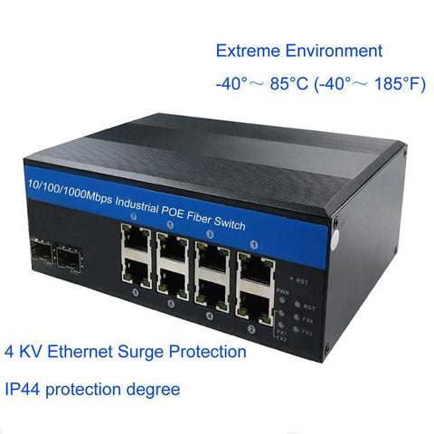 Industrial Switch 8-Port Gigabit Ethernet With PoE 240W Total shown, featuring SFP ports, IP40 rugged design, for harsh environments.