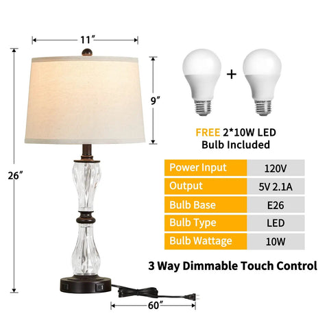 Three Way Dimmable Touch Control Glass Table Lamps Set Of Two With USB Ports And AC Outlet, 26 Inch Bedside Lamps, bulbs shown