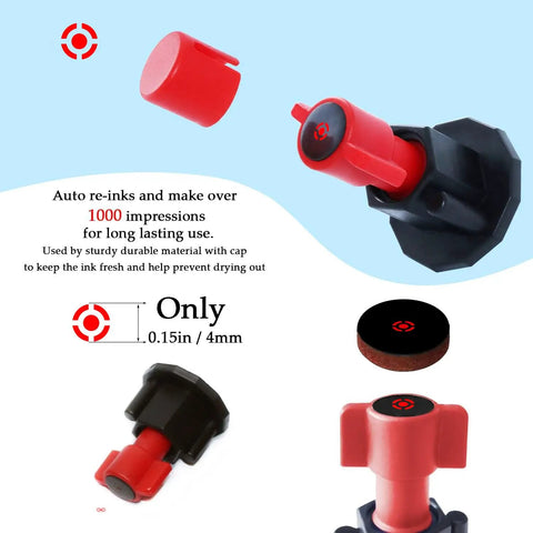 Close-up of red and black marking tool from Picture Hanging Marking And Leveling Kit for frames and murals, re-inks for over 1000 uses.