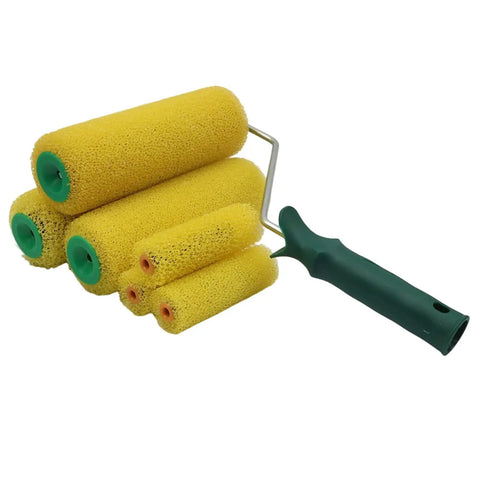 Pro Level Polyurethane Sponge Paint Roller Covers 10 Pack For Ultra Smooth Textured Walls Water Based And Oil Based Paints Hardcore Refills and green handle.