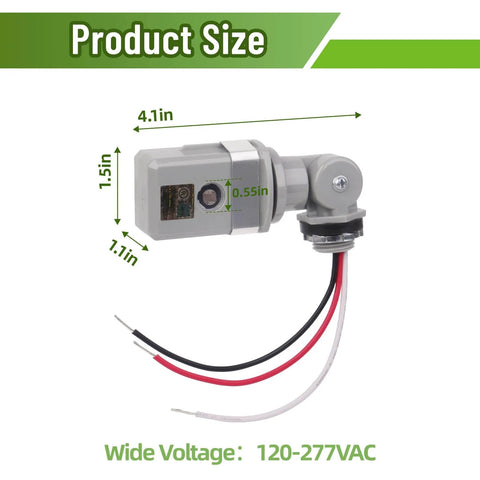 Close-up of Two Pack Dusk To Dawn And Day Night Sensor For Outdoor Lighting Wide Voltage 120 277 VAC, size dimensions shown.