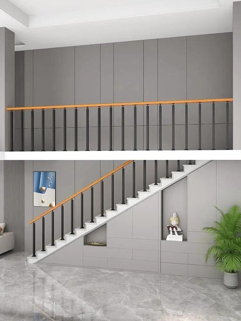 Black Wrought Iron Look Stair Railing Balusters With A Sweet Matte Finish And No Sweat Mounting Heavy Duty Deck Spindles Built Legit For Balconies And Patios 20 Pack 45 Inches Tall Modern Upgrade in a contemporary staircase setting.