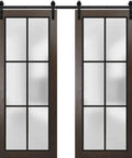 Sturdy Double Barn Door With Frosted Glass 84 By 96 Inches Black Rail Chocolate Ash Finish Built To Last Heavy Duty 13 Foot Sliding Rail Kit