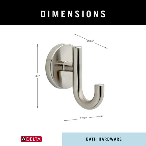 Single Towel Hook in Brilliance Stainless Finish for Bathroom or Kitchen with dimensions shown
