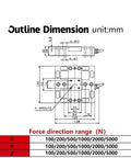 Technical drawing of High Precision 3 And 6 Axis Load Cell Sensor Bundle with dimensions and force direction range chart.
