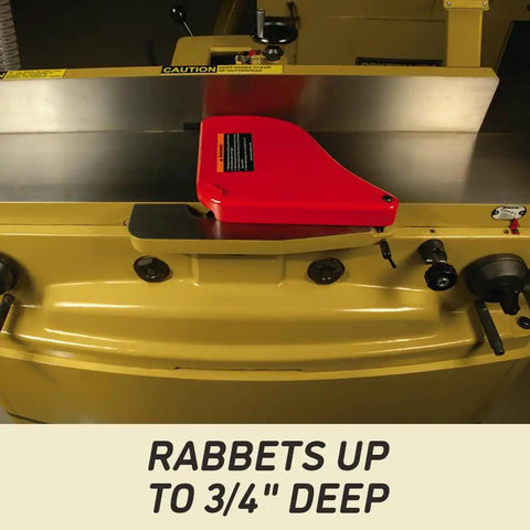 Workhorse 16 Inch Parallelogram Jointer With Helical Head And Fifty Eight Carbide Inserts Seven Point Five Horsepower Cast Iron Table Runs Like A Dream For Knockout Jointing And Snappy Shop Service with adjustable depth and red guard.