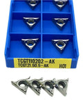 High-Performance Indexable Carbide Lathe Tool TCGT110208 for Aluminum Turning and CNC Cutting with H01 Grades, triangular inserts in storage case.