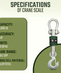 Specifications of Heavy Duty Digital Crane Scale With Clear LCD Screen, displaying capacity, accuracy, units, tare range, and alloy steel load cell.