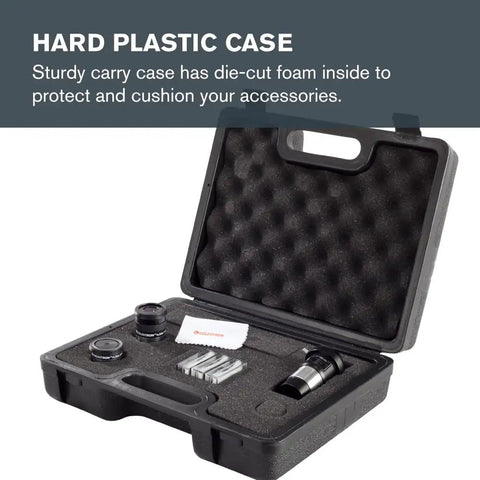 Open hard case showing Eight Piece Telescope Accessory Kit With Two 1.25 Inch Plossl Eyepieces, 2X Barlow Lens, Three Filters, and more.