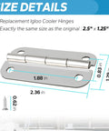 Close-up of Stainless Steel Cooler Hinge Replacement Set For Outdoor Camping Chests 25-165 Quart with size details.