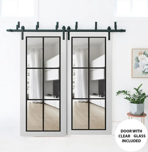 Clear Glass Sliding Closet Barn Bypass Doors With Heavy Duty Rails Hardware Set, modern wood wardrobe, two panels 24x96