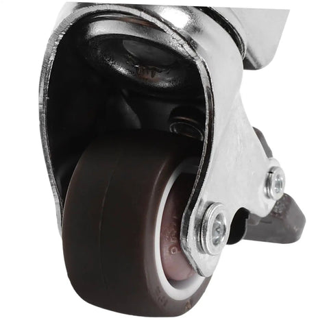 Close-up of a 4 Pack Heavy Duty Swivel Caster with brown poly wheel, showing metal housing and retractable kickback lock.