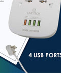 Heavy Duty Smart Surge Protector Power Strip Plug And Play Game Changer With Two Meter Extension Cord Four Universal Outlets Four Usb Type A Ports Quick Charge And Overload Protection close-up of USB ports and plugs