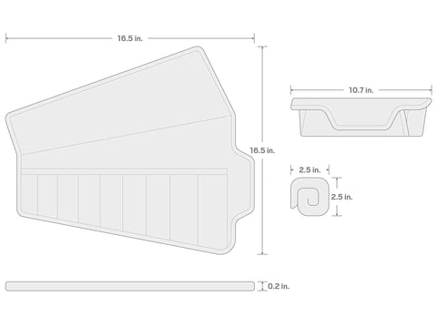 Diagram of Nine Tool Wrench Roll Organizer for Stubby Wrenches from One Quarter to Three Quarters Inch with dimensions