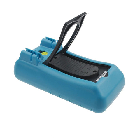 Back view of Digital Automotive Meter And Multimeter with stand, blue casing, showing battery compartment and prop stand.