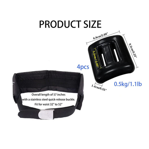 Beginner Friendly Dive Belt Kit With Weights, 4 Pockets And Quick Release Buckle, Four 1.1 lb Weights For Stable Buoyancy In Freediving And Scuba, Fits 32 to 52 Inch Waists, Black, All In One Dive Accessory, product size and components.