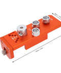 Heavy Duty Aluminum Profile Drill Guide And Tapping Chuck Kit Designed For 20 Through 40 Series Extrusions showing orange aluminum profile drill guide with drill inserts.
