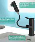 Single Hole Bathroom Faucet With Pull Out Sprayer, Modern One Handle Sink Faucet With 3 Spray Modes, black finish in a bathroom.
