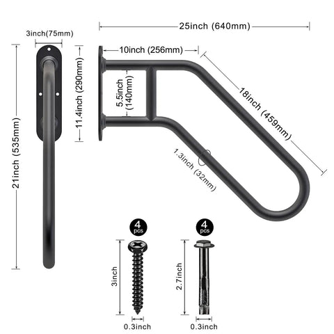 Heavy Duty Non Slip Outdoor Stair Hand Rail For 1 To 3 Steps Wall Mounted Grab Bar U Shape Safety Handle For Garage Porch Garden 1.3 Inch Diameter Black Pipe diagram with dimensions and screws