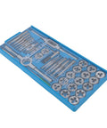 Heavy Duty 40-Piece Tap And Die Set For Machinists Featuring High Carbon Steel Fine Threads With Ratcheting Wrenches Thread Gauge Screwdriver And T-Wrench Perfect For Auto Repair Metalworking And DIY Projects in blue case