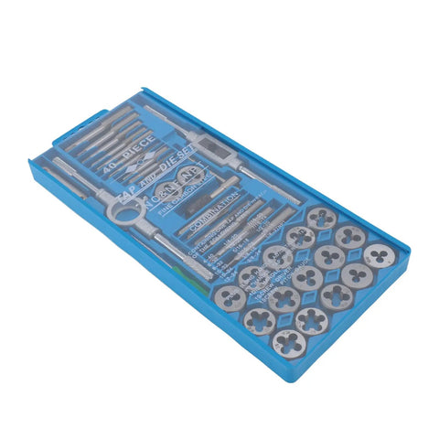 Heavy Duty 40-Piece Tap And Die Set For Machinists Featuring High Carbon Steel Fine Threads With Ratcheting Wrenches Thread Gauge Screwdriver And T-Wrench Perfect For Auto Repair Metalworking And DIY Projects in blue case