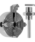 Rock Solid 4 Jaw Lathe Chuck Kit Zinc Alloy Self Centering Wood Turning Fixture With Precision Mounting Wrench and Sturdy Connecting Rod, close-up of chuck and wrench.