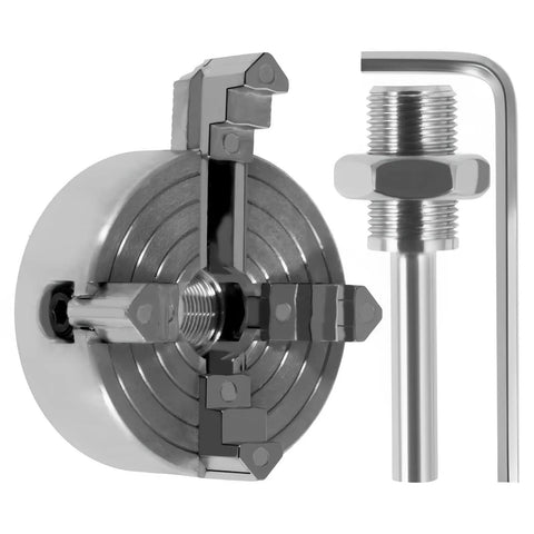 Rock Solid 4 Jaw Lathe Chuck Kit Zinc Alloy Self Centering Wood Turning Fixture With Precision Mounting Wrench and Sturdy Connecting Rod, close-up of chuck and wrench.
