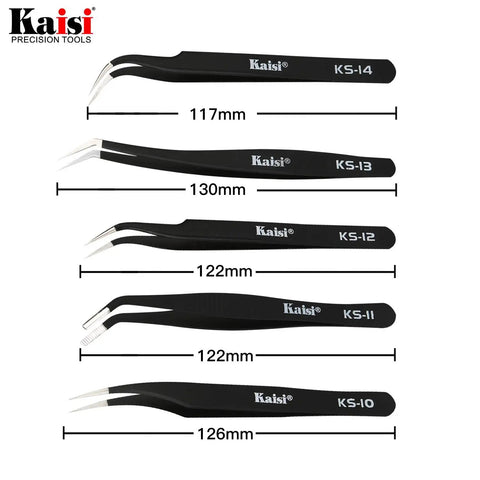 14 Piece Precision Tweezers Set Pro Grade Anti Static Stainless Steel For Craft Jewelry Electronics And Lab Work ESD Safe Fine Point Tweezers, 5 tweezers displayed with lengths
