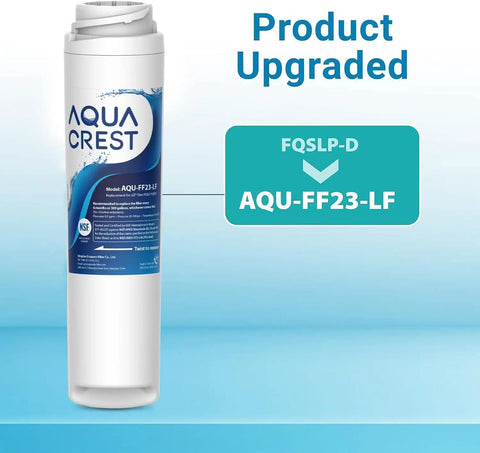 Under Sink Water Filter Replacement For GE FQSLF FQSVF FQSVN FQROPF, NSF 401 Certified, showing AquaCrest filter design.