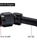 6AN Female To 3 Eighth Inch Barb Hose Fitting With Forty Five Degree Swivel For High Pressure Auto Racing Beefed Up Aluminum 6061 T6 Easy Install 1500 PSI Temperature Range Minus 65 F To 252 F, black 45-degree fitting