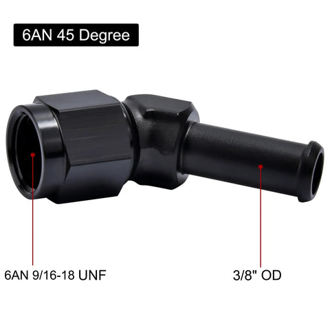 6AN Female To 3 Eighth Inch Barb Hose Fitting With Forty Five Degree Swivel For High Pressure Auto Racing Beefed Up Aluminum 6061 T6 Easy Install 1500 PSI Temperature Range Minus 65 F To 252 F, black 45-degree fitting