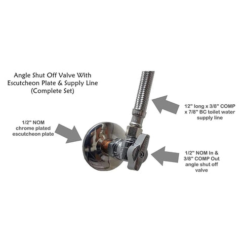 Toilet Angle Shut Off Valve Set With Escutcheon Plate And 12-Inch Stainless Steel Braided Water Supply Line With Brass Nut