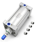 Pneumatic Air Cylinder 100mm Bore 150mm Stroke Double Acting Single Rod M20 By 1.5 Threaded Rod Port One Half Inch Includes Four Push In Fittings for heavy duty use