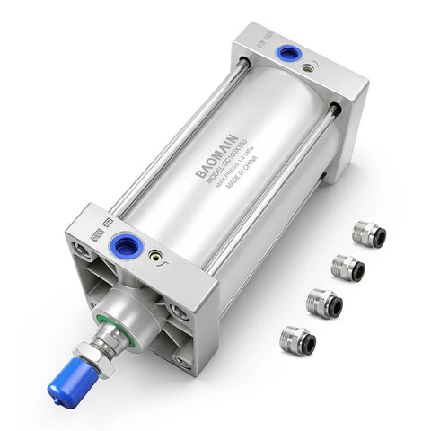 Pneumatic Air Cylinder 100mm Bore 150mm Stroke Double Acting Single Rod M20 By 1.5 Threaded Rod Port One Half Inch Includes Four Push In Fittings for heavy duty use
