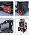 DIY Aluminum Open Frame PC Case Test Bench With Water Cooling Support showing power button, PSU, HDD, and cooling setup details