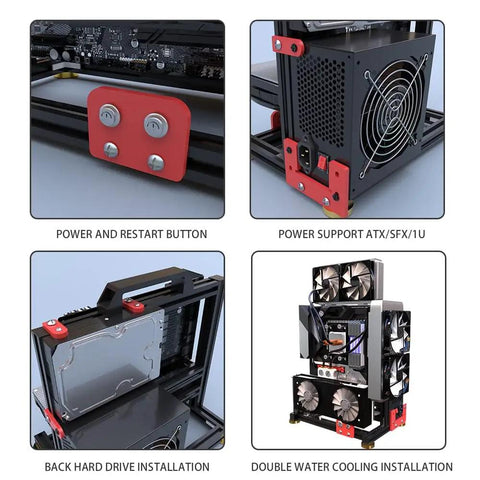 DIY Aluminum Open Frame PC Case Test Bench With Water Cooling Support showing power button, PSU, HDD, and cooling setup details