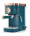 Side view of blue and copper 20 Bar Pressure Espresso Machine With Semi Automatic Brew Built In Grinder And Steam Milk Frother Wand