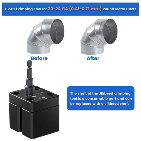 Power Assisted HVAC Crimp Tool For 30 To 24 GA Round Metal Ducts showing before and after crimping results with reinforced drive shaft.