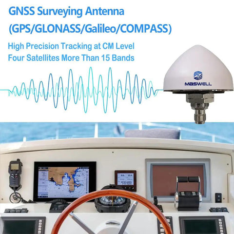 All-In-One GNSS Navigation Antenna for Vehicles, Marine, and Drones, top-notch centimeter-grade precision With Multi-Band GPS L1/L2/L5, GLONASS G1/G3, Galileo E1/E5a/E5b, Beidou B1/B2, and QZSS L1/L2/L5 shown with control panel.