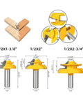 Killer 45 Degree Lock Miter Router Bit Set With Half Inch Shank And Hardcore Carbide Blades For Woodworking Joints and dimensions shown.