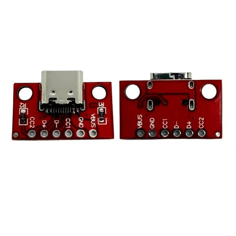 Front and back view of USB Type C Breakout Board 10 Pack With Solder Wire Included For DIY Projects 16 Pin PCB Adapter USB C Female Connector