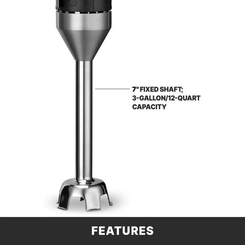 Wicked Fast Commercial 2 Speed Immersion Blender with 7-inch fixed shaft and 3-gallon capacity for soups and purees.