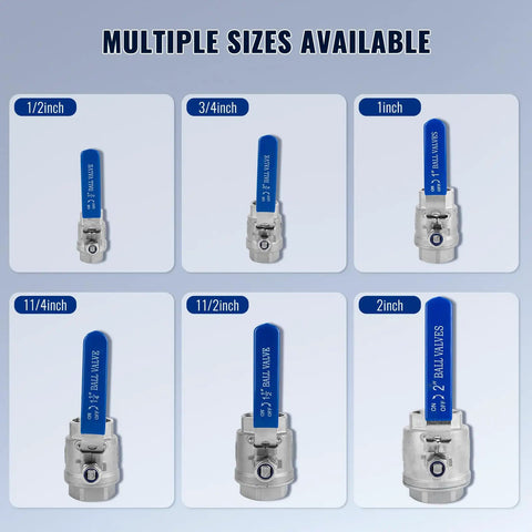 Display of 2 Pack 316 Stainless Steel Ball Valve Half Inch NPT Female Full Port with various size options for industrial use