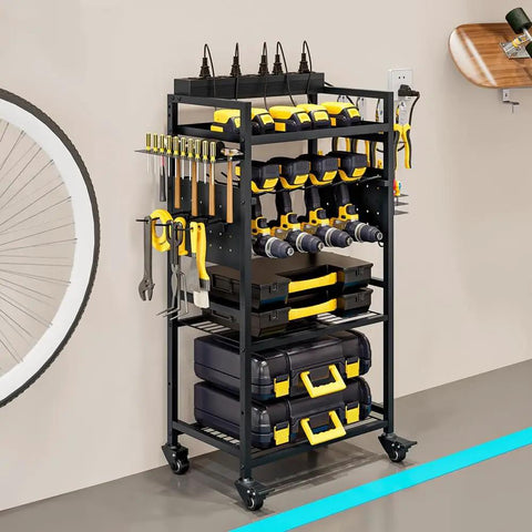 Power Tool Organizer Cart With Charging Station On Wheels For Heavy Duty Garage Use Rolling Tool Storage Cart For Drills Batteries Bits And Accessories Neat Workbench Shelving Unit For Grab And Go Access shown with tools and supplies organized