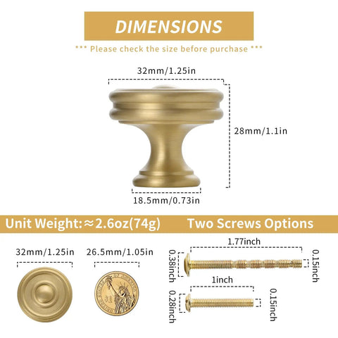 Solid Brass Cabinet Knobs Six Pack, Brushed Matte Gold Round Drawer Pulls, 1-1/4 Inch, dimensions with screws