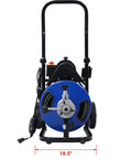 Heavy Duty Electric Drain Auger With 60 Foot Cable And Half Inch Pipe Snake Boasts Four Quick Swap Blades and foot switch, blue design